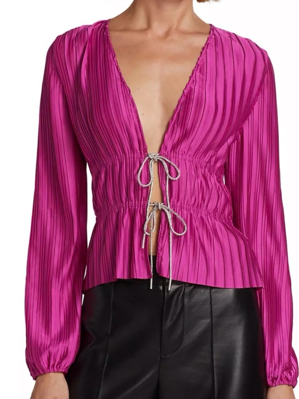 WAYF Payton Tie-Front Blouse Pleated Pink Satin Rhinestone Small